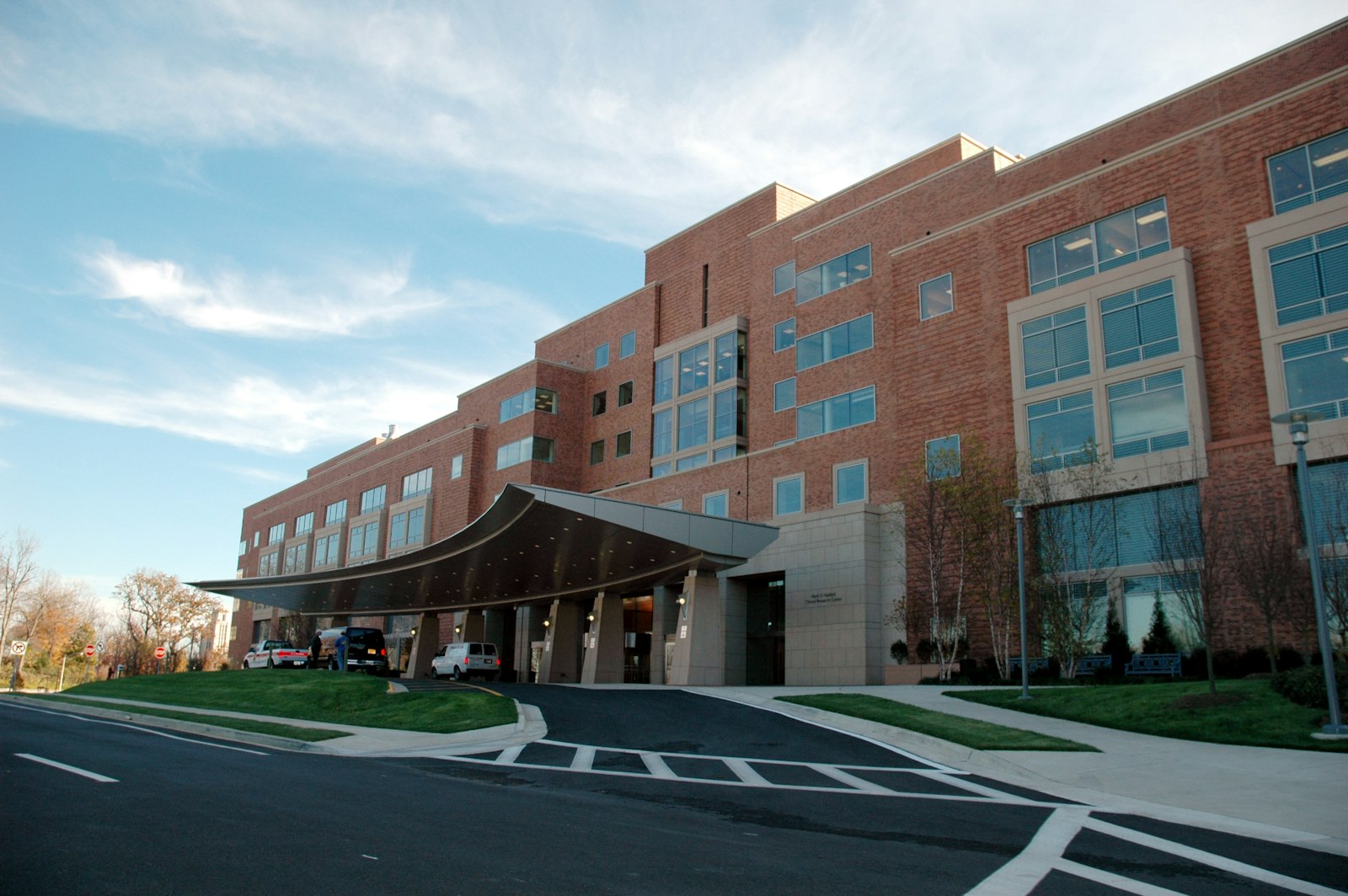 A large US hospital building under a clear sky